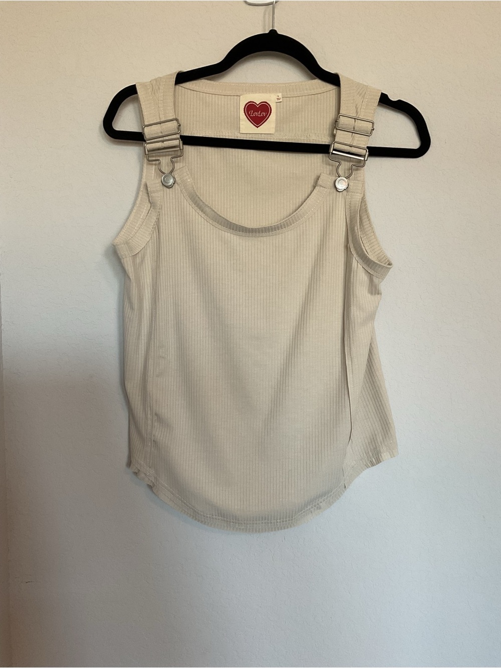 Cream Ribbed Tank Top with Overall Buckle Straps